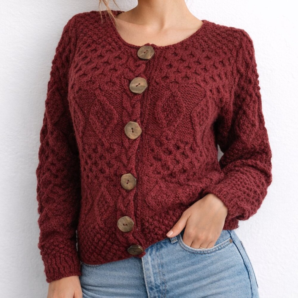 Millar Ireland Sweater M Wool Knit Cardigan Burgundy Aran Cable Chunky Cabincore